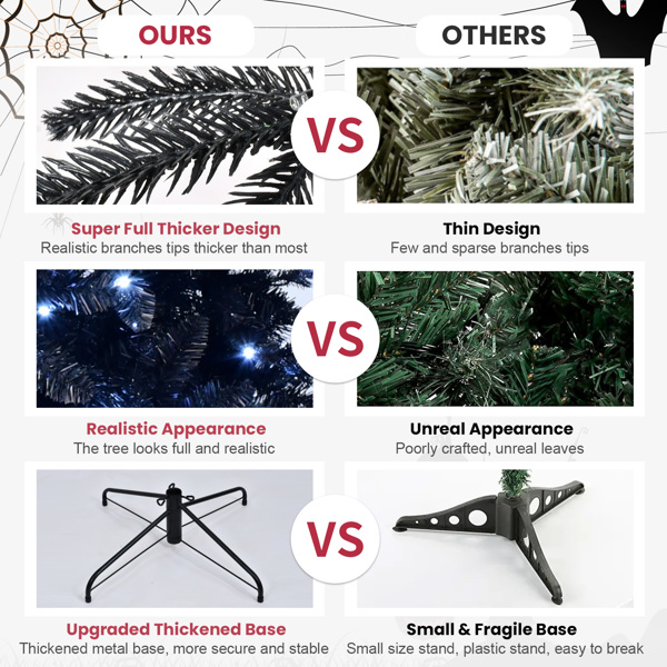 8 英尺预装灯饰黑色圣诞树，全套万圣节圣诞人造树 2486 个树枝尖头，600 盏灯，金属铰链，可折叠底座，节日装饰 - 黑色-10