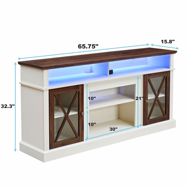 LED 农舍风格电视支架，适用于 65/70/75 英寸电视，带插座、高体媒体娱乐中心控制台、可调节储物架和玻璃门柜-8