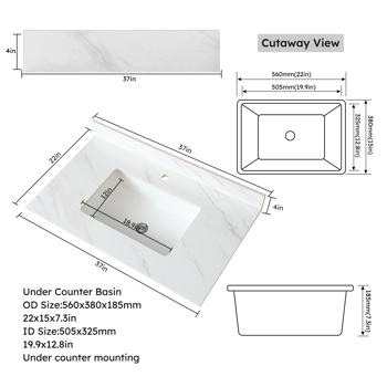 37 英寸大理石盥洗台面、白色盥洗台面（带预钻水龙头孔）、浴室盥洗台面（带下装矩形中置水槽和 4 英寸高后挡板），单孔