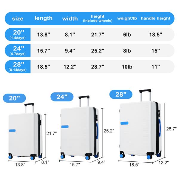 对比色 3 件套行李箱套装 硬壳拉杆箱 带 TSA 锁 20 英寸 24 英尺 28 英寸 有货-2