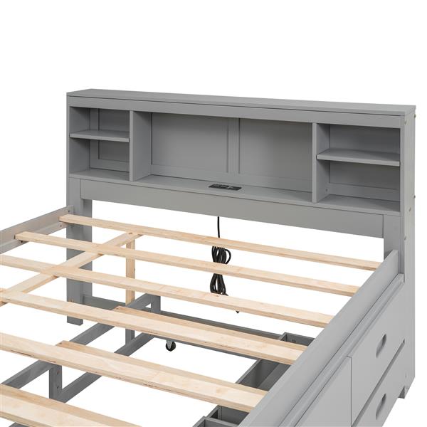 全尺寸平台床，配有储物床头板、USB、双人床拖床和 3 个抽屉，灰色-7