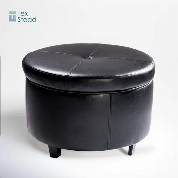 Round Leather Storage Ottoman Footstool with Wood-Based Panel - Hardwood Upholstered Footrest with Lid for Living Room and Bedroom Use-6