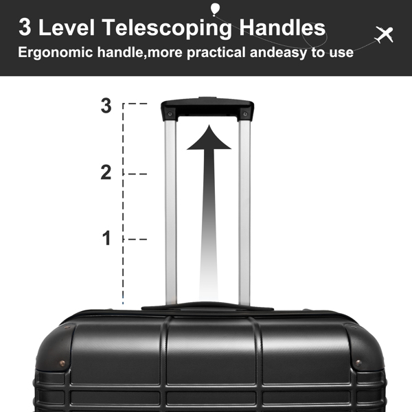 行李箱套装 ABS+PC 硬壳 4 件行李箱硬壳轻便耐用行李箱套装旋转轮行李箱带 TSA 锁（12/20/24/28），黑色-3