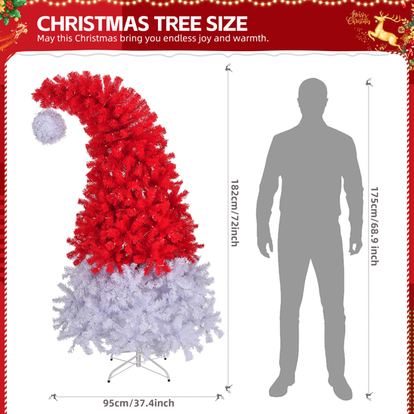 6ft 红白色 300灯 冷白色8模式 1050枝头 圣诞帽造型 自动树结构 PVC材质 圣诞树 美规-7