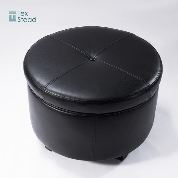 Round Leather Storage Ottoman Footstool with Wood-Based Panel - Hardwood Upholstered Footrest with Lid for Living Room and Bedroom Use-5