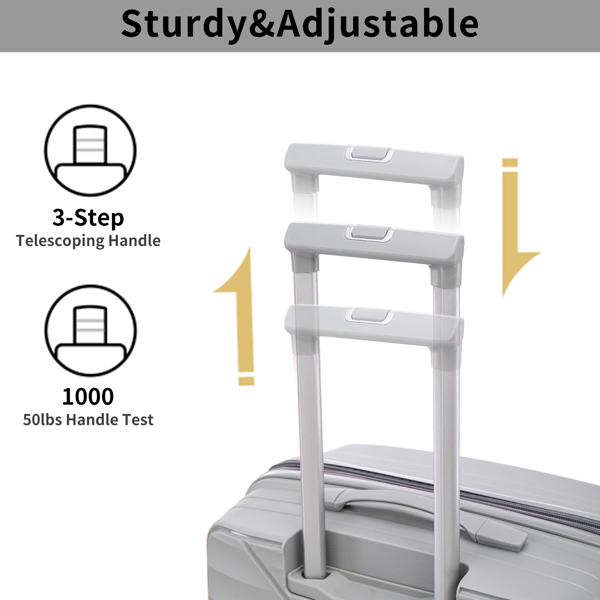 PP 行李箱套装 3 件套（20/24/28），可扩展随身行李箱，带 TSA Lock 航空认证，PP 材料硬壳轻便手提箱带万向轮（灰色）-5