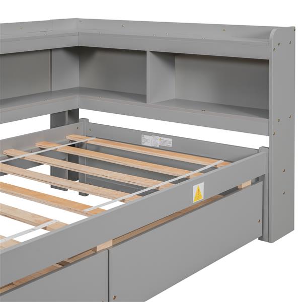 带 L 型书柜、抽屉的单人床，灰色-17