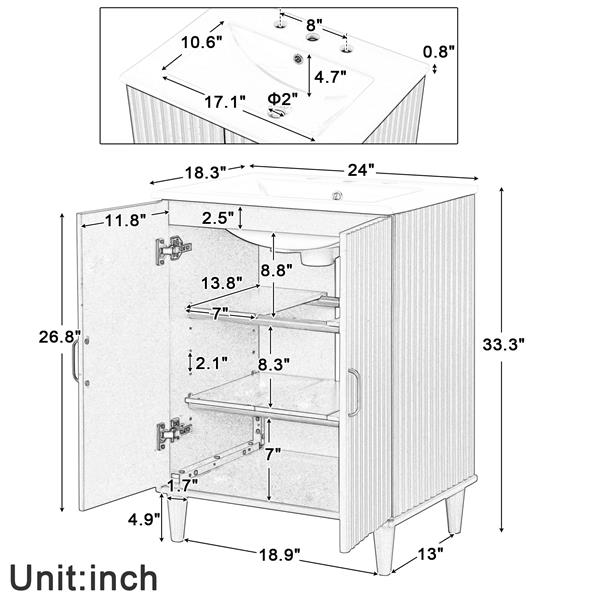 24 英寸浴室盥洗台，带水槽，浴室盥洗柜，双门，可调节搁板，实木和中密度纤维板，白色-14