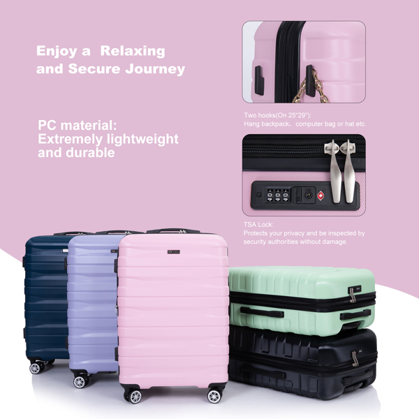 3 件套行李箱套装 PC 轻便耐用可扩展手提箱，带两个挂钩、双万向轮、TSA 锁，(21/25/29) 粉色-6