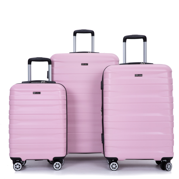 3 件套行李箱套装 PC 轻便耐用可扩展手提箱，带两个挂钩、双万向轮、TSA 锁，(21/25/29) 粉色-1