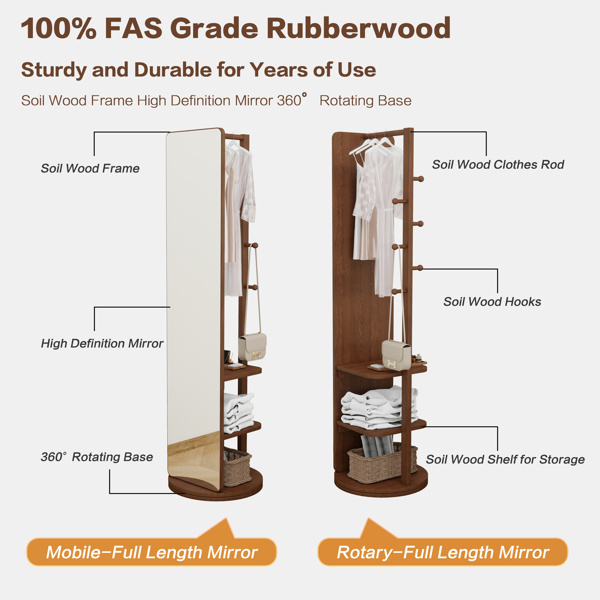 全身镜实木+橡胶木+玻璃，65.7*17.7英寸（镜子宽度：13.7英寸）大镜子可观察全身，方便穿衣整理，摆放在卧室/客厅（胡桃木）-3