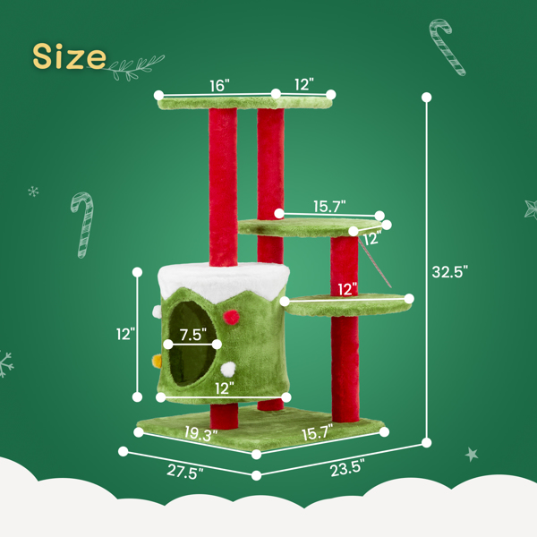 32inch 绿+红白 3层平台 中纤板+毛绒布 猫爬架-14