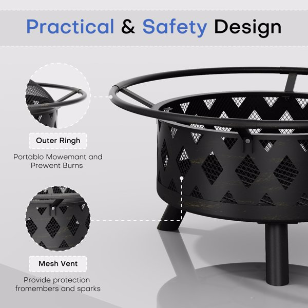 花园用火盆、带火花保护和扑克的火盆、带有烤架的火盆，户外烧烤壁炉，76x76x52cm，用于花园、供暖、露台、篝火和露营-5