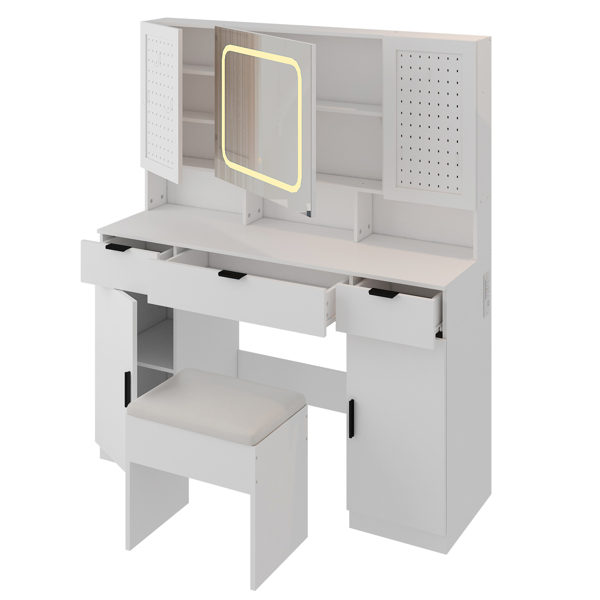 白色 麻面刨花板贴三胺 3抽5门含2个洞洞板柜1个LED3色调光触摸镜柜 梳妆桌套装 带排插 大尺寸-7
