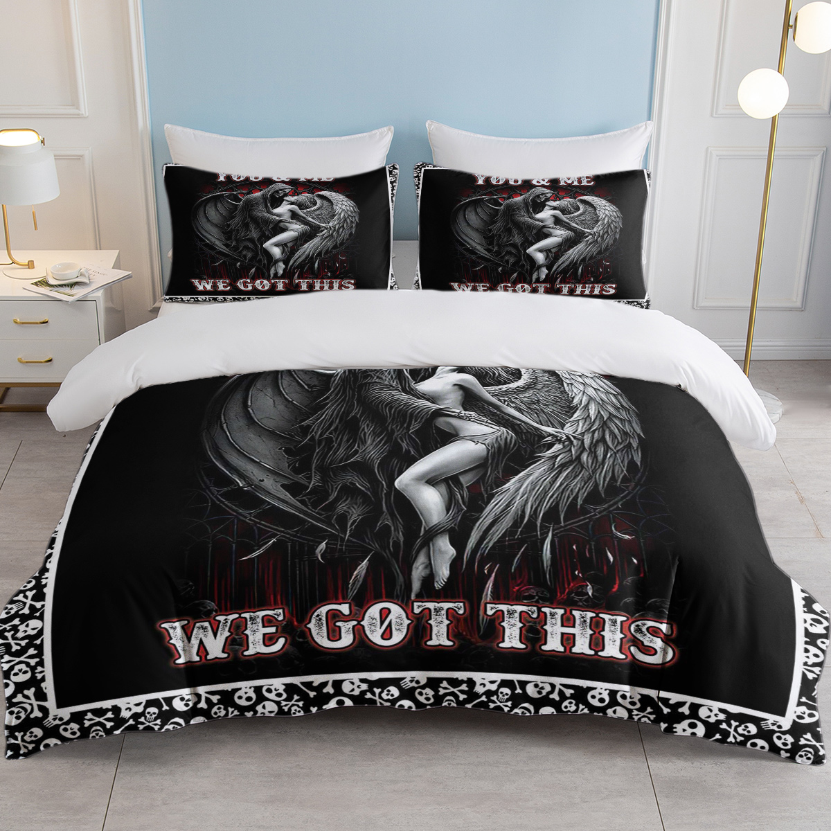 3pcs Soft and Comfortable Death and Angel Print Duvet Cover Set for Bedroom and Guest Room - Includes 1 Duvet Cover and 2 Pillowcases (Core Not Included) Full Size（temu can only be self-picked up）