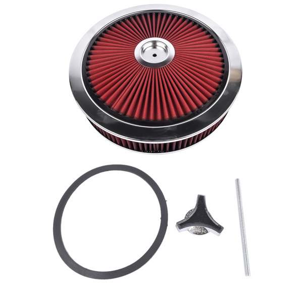  空气滤清器 14" x 3" Aluminum Round Red Thru Air Cleaner Drop Base with Chrome Lid for Chevrolet SBC BBC-7