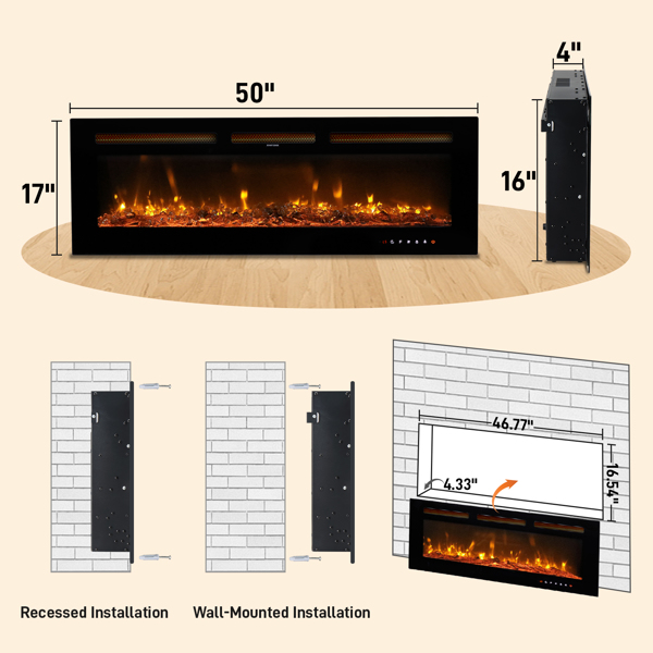 ZOKOP 美规 IF-1350TCL 120V 1500W 50in 壁炉 黑色 铁 嵌入/挂墙/立式三合一/带WIFI/可调温/定时/带显示/可调节火焰明亮度/配假柴/配水晶石/带遥控器 多彩/12色火焰-10