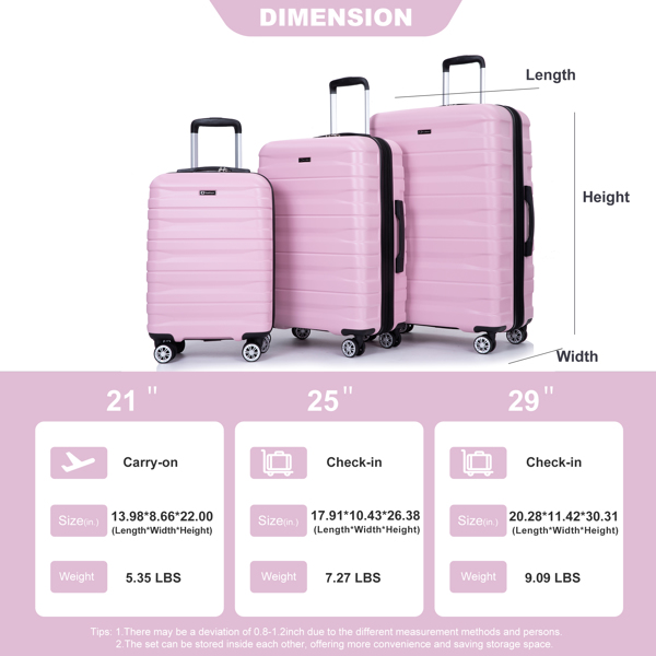 3 件套行李箱套装 PC 轻便耐用可扩展手提箱，带两个挂钩、双万向轮、TSA 锁，(21/25/29) 粉色-2