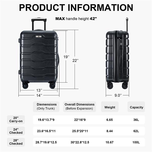 行李箱 3 件套，带万向轮 ABS+PC 轻型 TSA 锁（20 英尺/24 英尺/28 英尺），波尔卡圆点-1