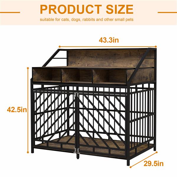 43.3 英寸狗笼家具，适用于大型犬，带隔板的木制狗笼，带三个抽屉储物柜的双门狗窝，适用于大中型犬的重型狗装饰宠物屋，质朴的棕色-10