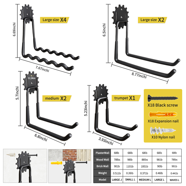 车库墙壁挂钩 9 件装，重型车库挂钩，带额外焊接点，悬挂式车库挂钩，花园车库收纳件，自行车、软管，草坪，庭院工具，椅子，梯子，除草器，铲子，（黑色）-5