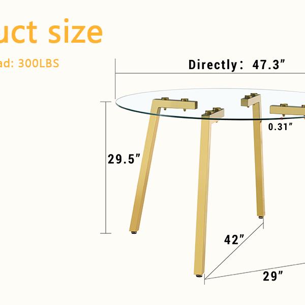 现代豪华圆形钢化玻璃餐桌，配金色 7 字形金属腿，适合家庭用餐、办公室会议或作为各种场合的休闲咖啡桌。47.3 * 47.3 * 29.5-8