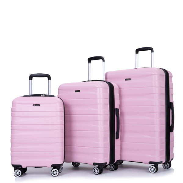 3 件套行李箱套装 PC 轻便耐用可扩展手提箱，带两个挂钩、双万向轮、TSA 锁，(21/25/29) 粉色-3