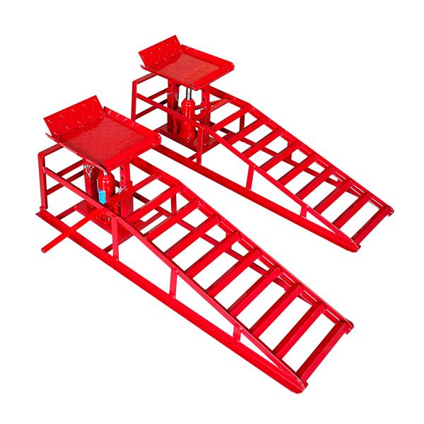 液压汽车坡道，2 件装高升程汽车坡道，11000 磅汽车卡车汽车维修坡道，带支撑千斤顶的低调换油坡道，适用于汽车卡车拖车车库维修（红色）-2