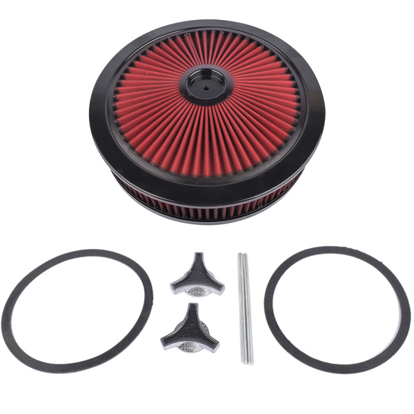  空气滤清器 14" x 3" Red Air Cleaner Kit Recessed Black Trim for Carburetor with 5 1/8" Neck-3