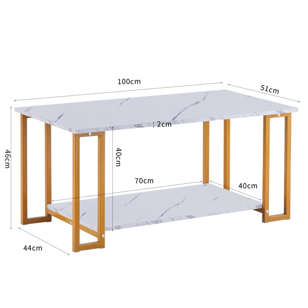 咖啡桌，2 层 1.5 厘米厚大理石 MDF 矩形 39.37 英寸 L 桌面铁质咖啡桌，餐厅、咖啡店、餐厅，白色桌面，金色桌腿-8