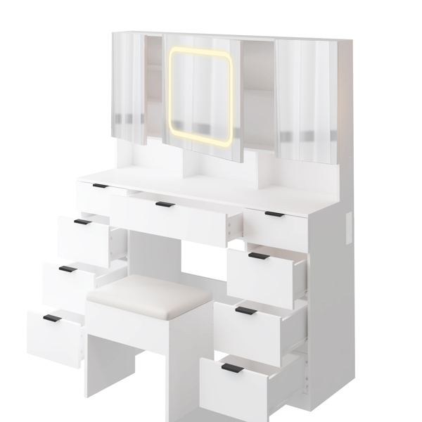 白色 麻面刨花板贴三胺 9抽3镜柜含1个LED3色调光触摸镜门 梳妆桌套装 带排插 大尺寸-11