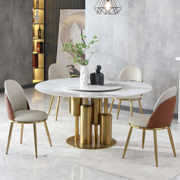 Modern Marble Dining Table with Removable Turntable, 59" Round Sintered Stone Table with Stainless Steel Base, 5-Piece Dining Table Set for Dining Room, Kitchen, Dinette, Compact Space (LTL item)-7