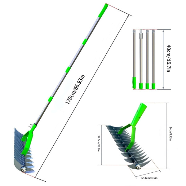 撒草耙，用于清理死草的除草耙，带不锈钢手柄的草耙，草坪松土耙，12.8英寸宽66.93英寸长（周末不发货，禁售亚马逊）-2