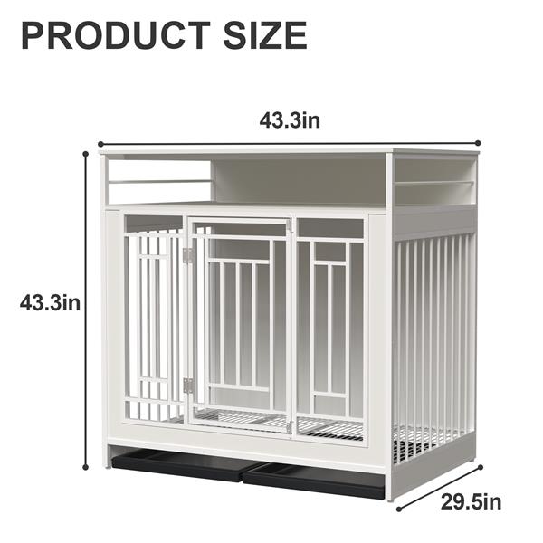 43.3 英寸大型犬狗笼家具，带隔板的木制狗笼，带三个抽屉储物的双门狗窝，适用于大中型犬的重型狗装饰宠物屋，白色-14