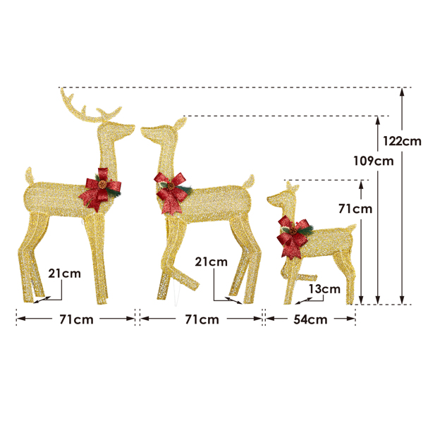 3pcs 4ft 金色麋鹿一家 2D 暖白灯 网布撒粉 圣诞灯饰麋鹿 英国-2