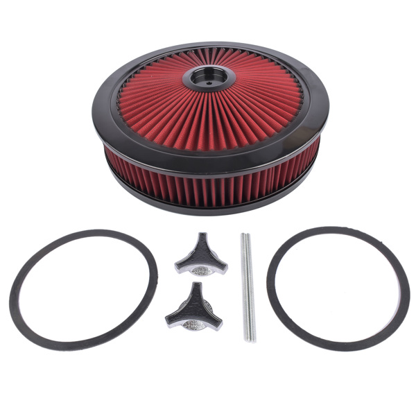  空气滤清器 14" x 3" Red Air Cleaner Kit Recessed Black Trim for Carburetor with 5 1/8" Neck-1