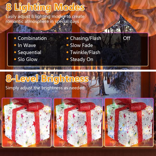 一套 3 个圣诞照明礼盒 圣诞礼物饰品 50 个 LED 圣诞盒装饰（带蝴蝶结） IP44 防水 电池供电，适用于室内室外装饰-3