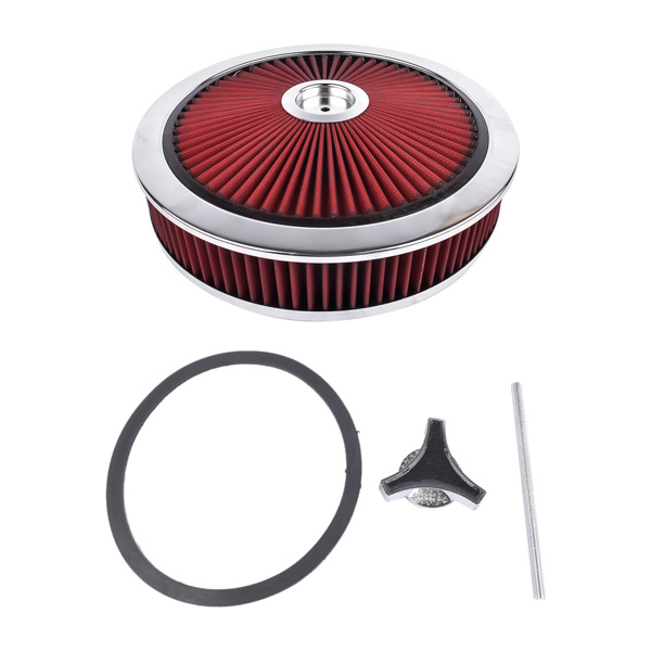  空气滤清器 14" x 3" Aluminum Round Red Thru Air Cleaner Drop Base with Chrome Lid for Chevrolet SBC BBC-2