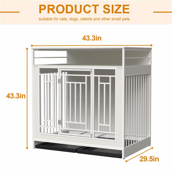 43.3 英寸大型犬狗笼家具，带隔板的木制狗笼，带三个抽屉储物的双门狗窝，适用于大中型犬的重型狗装饰宠物屋，白色-8