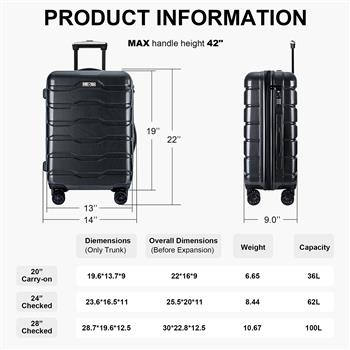 行李箱 3 件套，带万向轮 ABS+PC 轻型 TSA 锁（20 英尺/24 英尺/28 英尺），波尔卡圆点