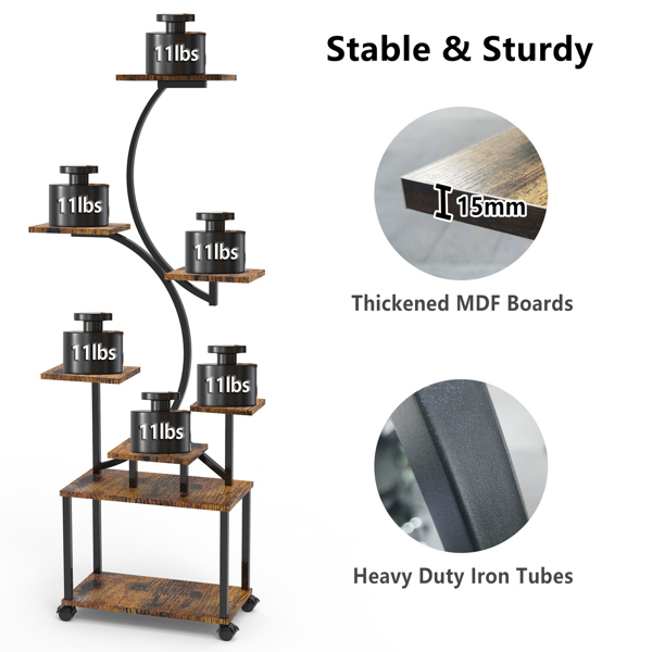 8 层室内植物架，带生长灯 S 型照明植物架 61.42 英寸植物塔，带 4 个可锁定的轮子，适用于客厅和庭院-7