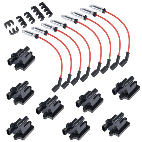  点火线圈和高压线 8 Pack Square Ignition and 8 Spark Plug Wire for Cadillac Escalade Chevrolet GMC Hummer H2 Mercruiser Workhorse 1999-2007 12556893 9059-5