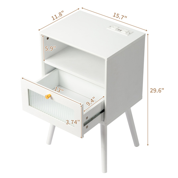 FCH 白色 密度板贴实木皮 长虹玻璃 高脚 40*30*66cm 一抽带隔层 床头柜 2USB+2插座-6