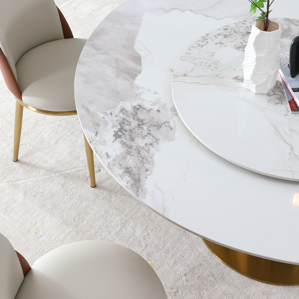 Modern Marble Dining Table with Removable Turntable, 59" Round Sintered Stone Table with Stainless Steel Base, 5-Piece Dining Table Set for Dining Room, Kitchen, Dinette, Compact Space (LTL item)-4