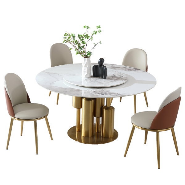 Modern Marble Dining Table with Removable Turntable, 59" Round Sintered Stone Table with Stainless Steel Base, 5-Piece Dining Table Set for Dining Room, Kitchen, Dinette, Compact Space (LTL item)-3