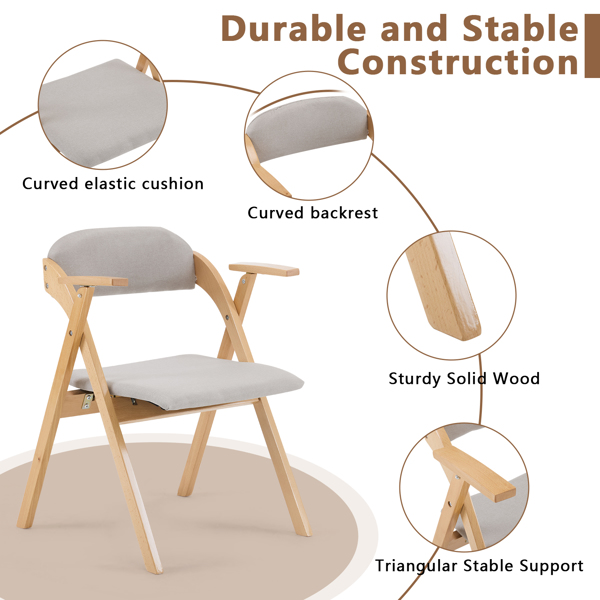 带扶手 折叠会展椅 2pcs 浅灰色坐垫 原木色框架 折叠餐椅 59*53*79.5cm 榉木 布面软垫-5