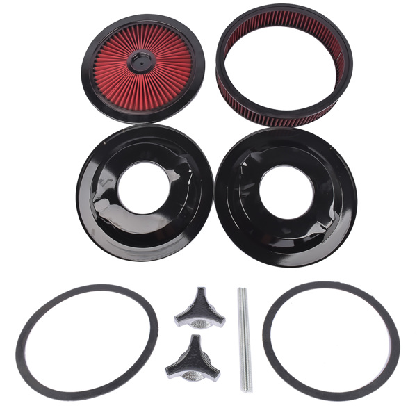  空气滤清器 14" x 3" Red Air Cleaner Kit Recessed Black Trim for Carburetor with 5 1/8" Neck-6