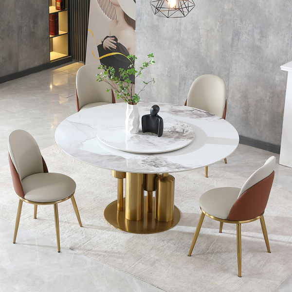 Modern Marble Dining Table with Removable Turntable, 59" Round Sintered Stone Table with Stainless Steel Base, 5-Piece Dining Table Set for Dining Room, Kitchen, Dinette, Compact Space (LTL item)-6