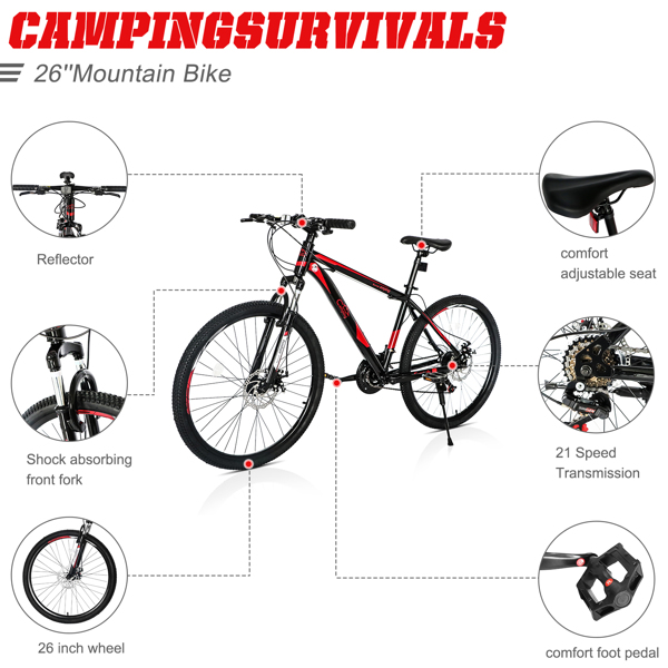 CamPingSurvivals 26英寸21速探索者红黑色山地自行车-13