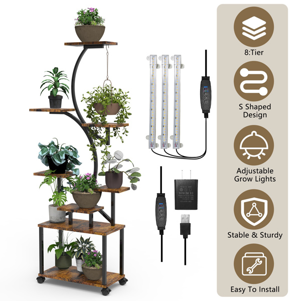 8 层室内植物架，带生长灯 S 型照明植物架 61.42 英寸植物塔，带 4 个可锁定的轮子，适用于客厅和庭院-3